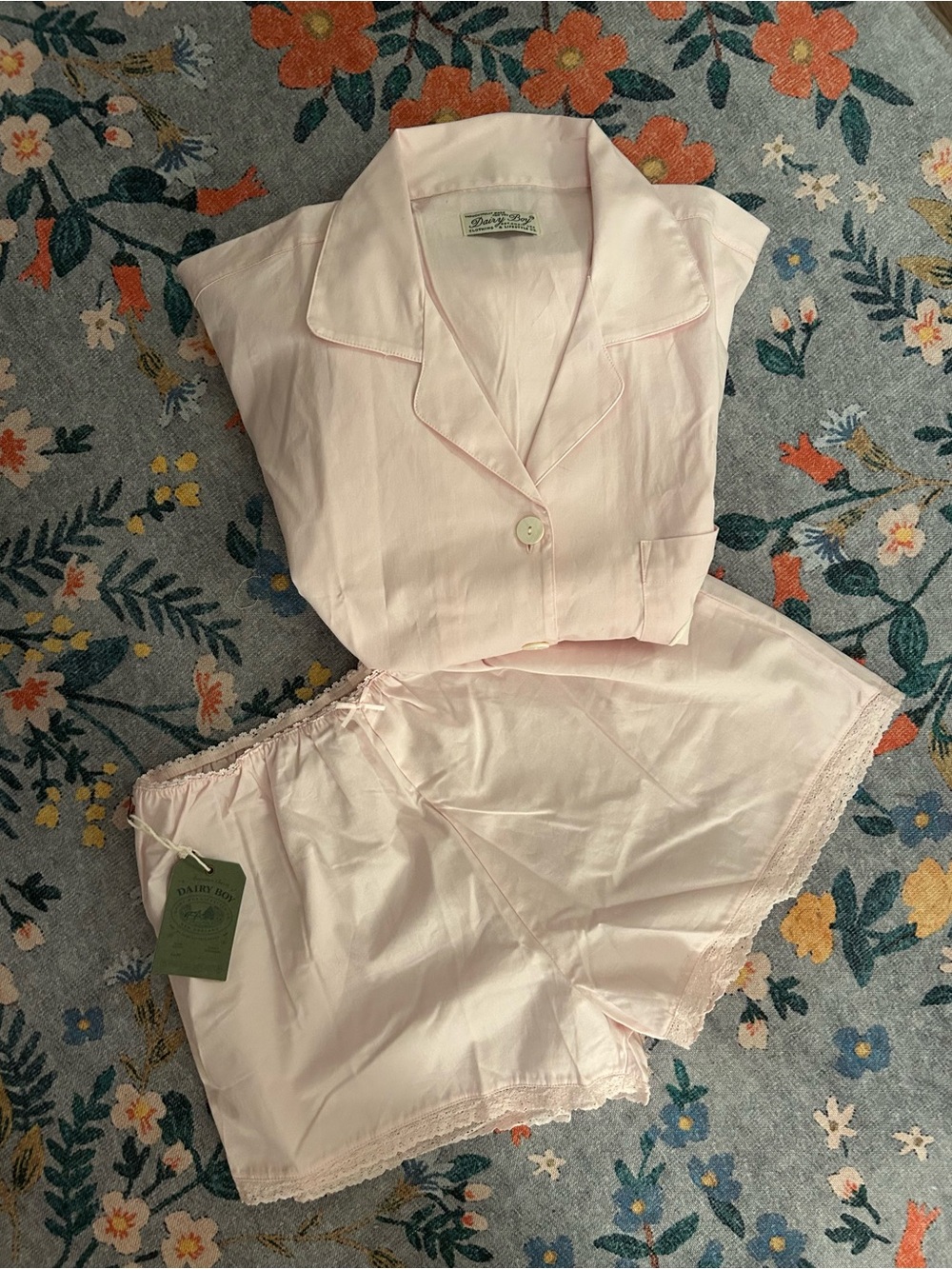 Light Pink Short Cotton Pajama Set with Embroidered Pocket L/XL - Picture 2 of 2